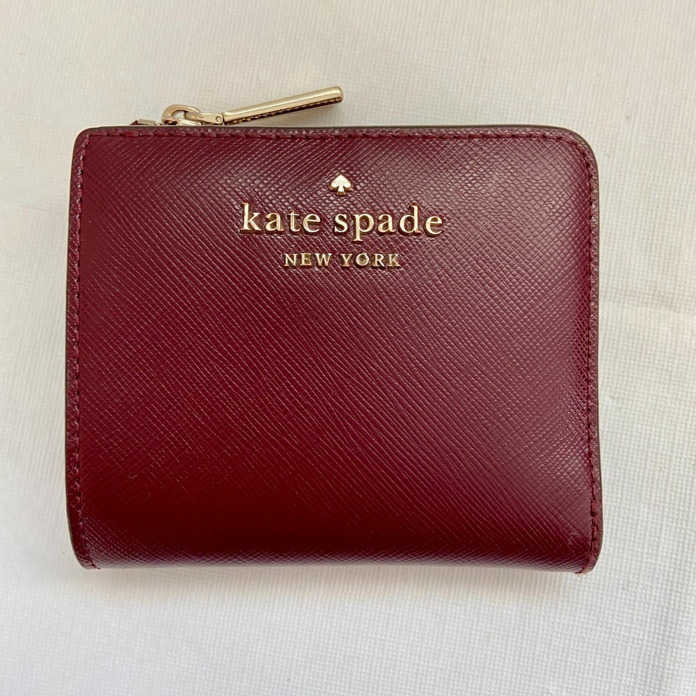 Kate Spade Eva Small L Zip Bifold Wallet Cherrywood Dark Red Leather